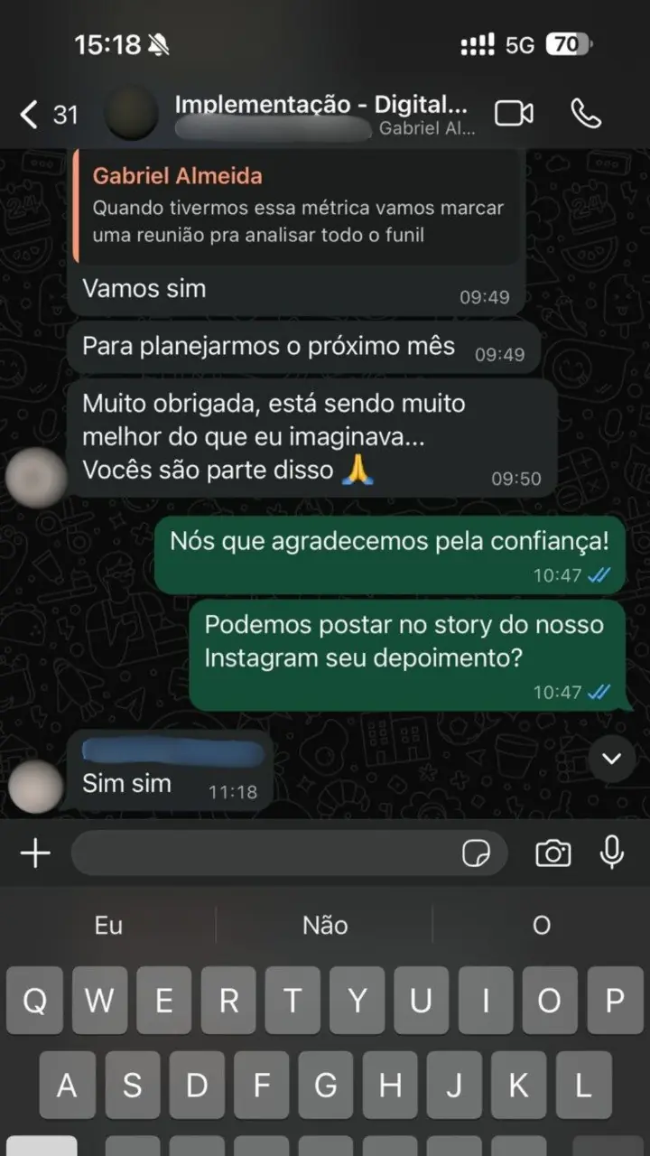 Depoimento de cliente da Vorx via WhatsApp